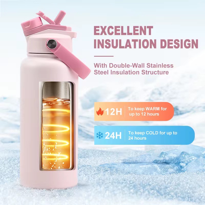 30oz Insulated Stainless Steel Water Bottle with 2-in-1 Straw and spout Lid - IMAKSHU