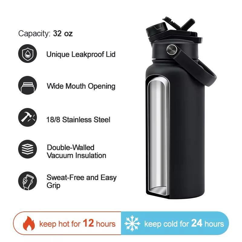 32oz Stainless Steel Insulated Water Bottle with 2-in-1 straw and spout lid